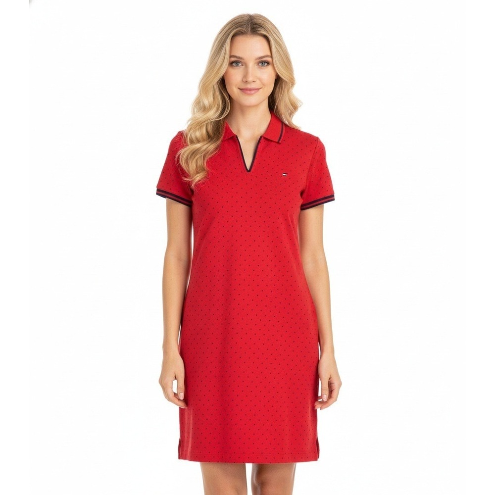 Tommy Hilfiger Red Polka Dot Polo Dress Women Large Short Sleeve Casual Tennis‎